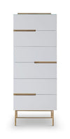 Gillmore Space Alberto Six Drawer Tall Narrow Chest White With Brass Accent