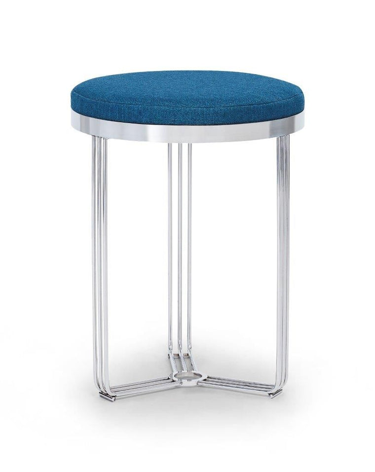 Gillmore Space Finn Circular Side Table Or Stool Admiral Blue Upholstered & Polished Chrome Frame