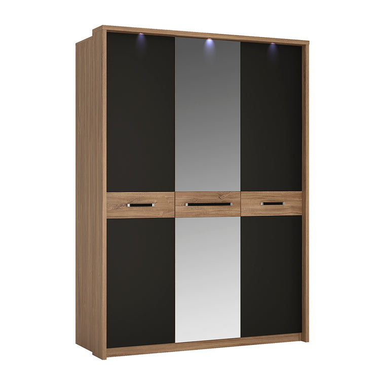 Axton Harding 3 Door Wardrobe With Mirror Door in Stirling Oak With Matt Black Fronts