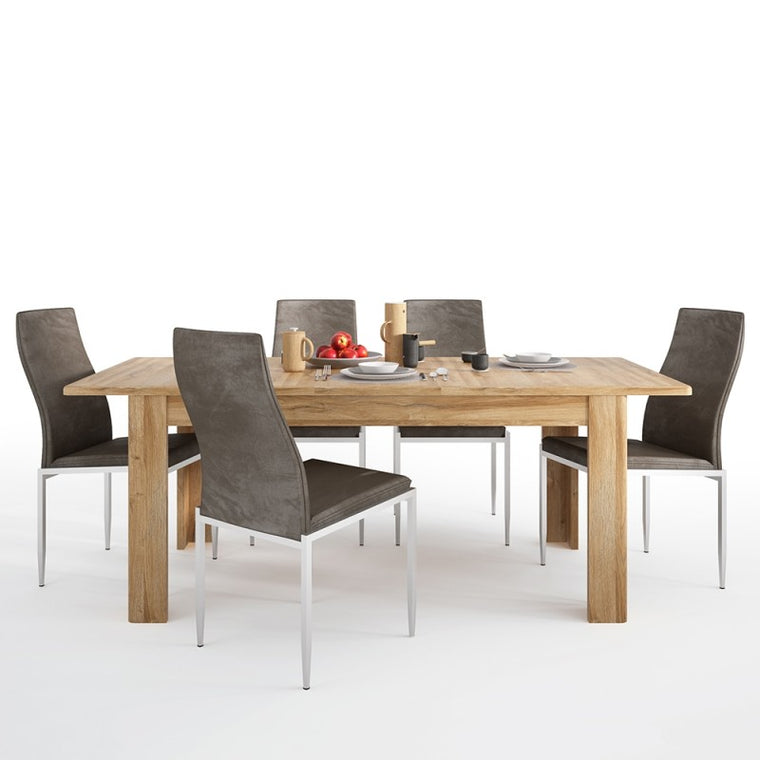 Axton Bronxwood Extending Dining Table in Grandson Oak + 4 Milan High Back Chair Dark Brown.