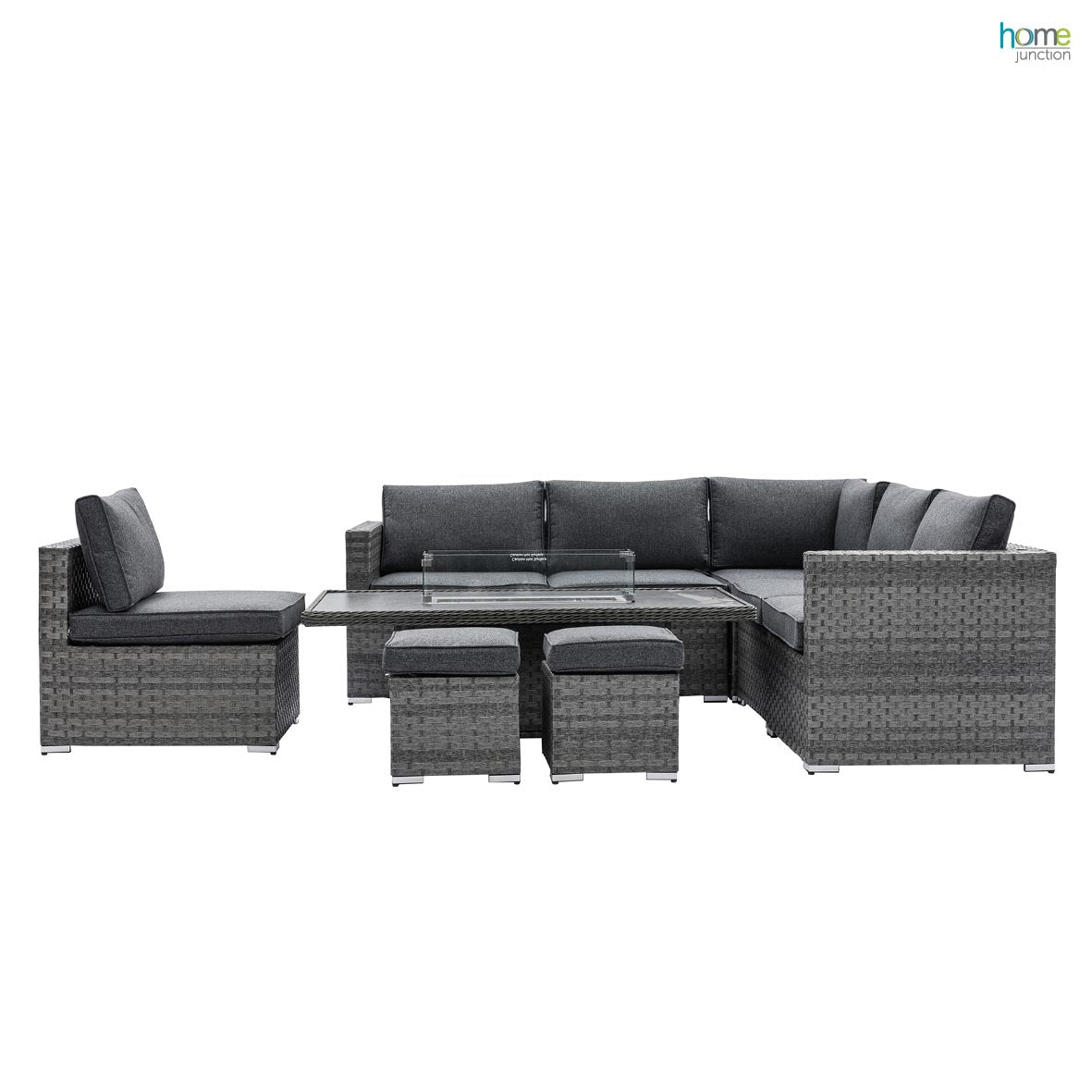 Home Junction Olympus Grey Modular Corner Sofa with Coffee to Dining Rising Gas Firepit Table and Stool