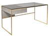 Gillmore Federico Desk Clear Glass Top, Weathered Oak Veneer Drawer & Brass Frame