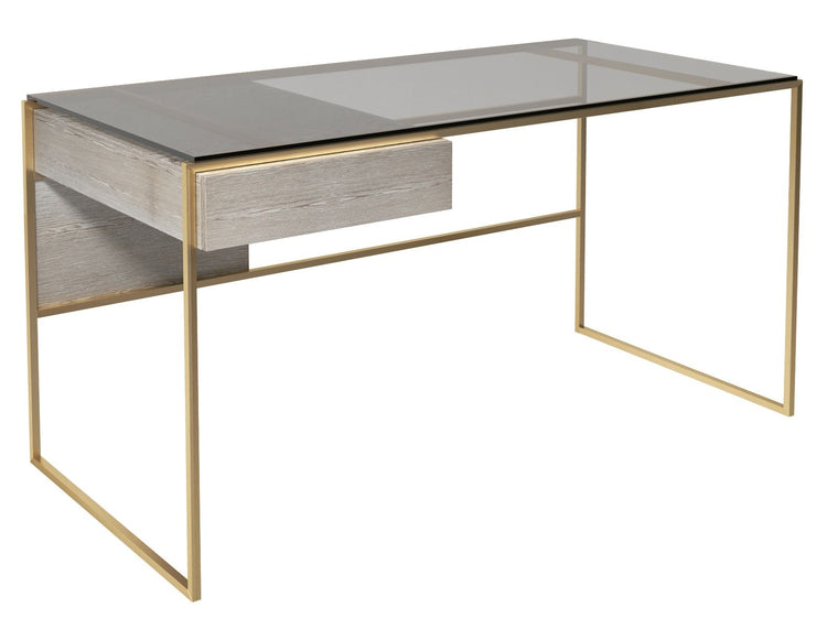 Gillmore Federico Desk Clear Glass Top, Weathered Oak Veneer Drawer & Brass Frame