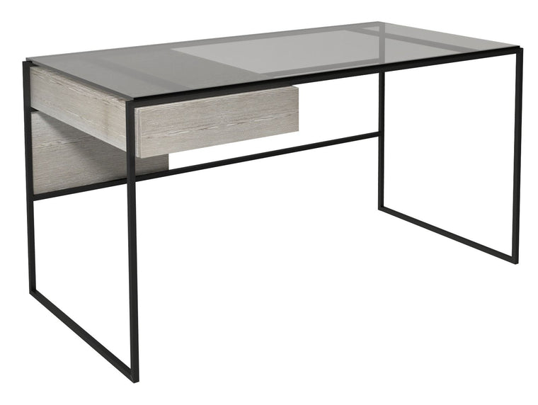 Gillmore Federico Desk Clear Glass Top, Weathered Oak Veneer Drawer & Black Frame